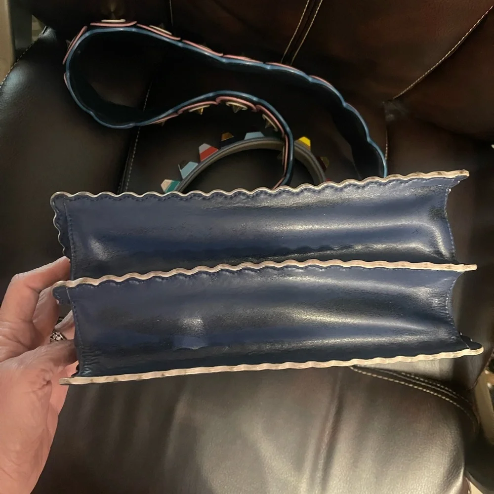 Fendi Kan Navy Blue Scalloped Floral Embellished Shoulder Bag with Pink Accents